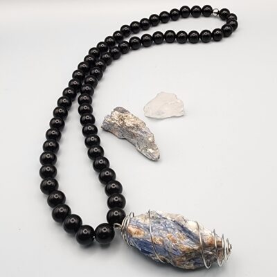 Black Obsidian & Raw Kyanite Wire-Wrapped Necklace
