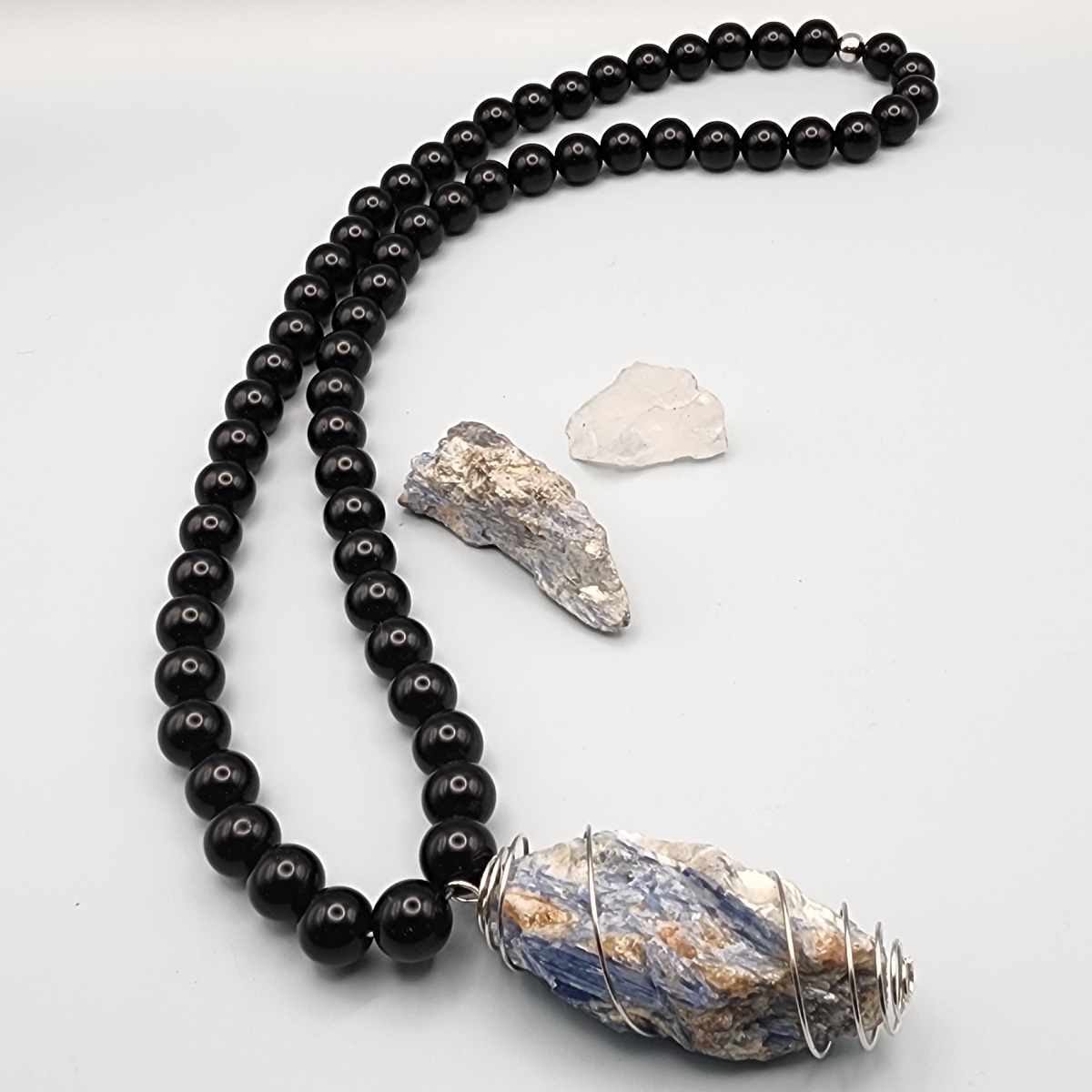 Black Obsidian & Raw Kyanite Wire-Wrapped Necklace